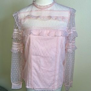 Express Light Pink Dotted-Swiss Frilly Lace Mockneck Long Sleeve Blouse Top
